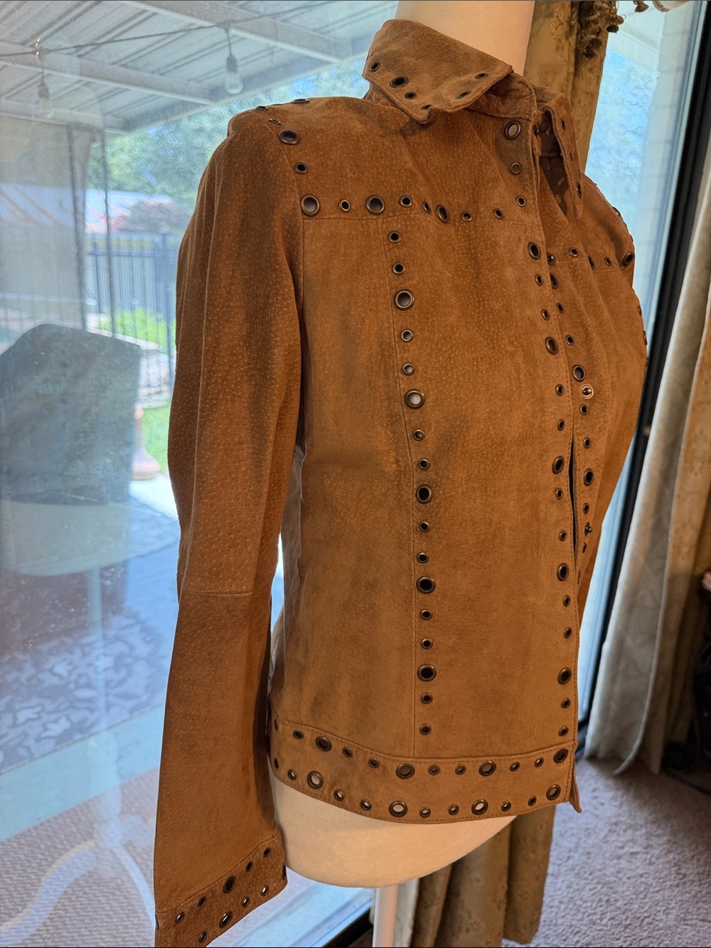 Tres Jolie Accessories Brown Suede Eyelet-Trim Leather Jacket - Picture 3 of 7